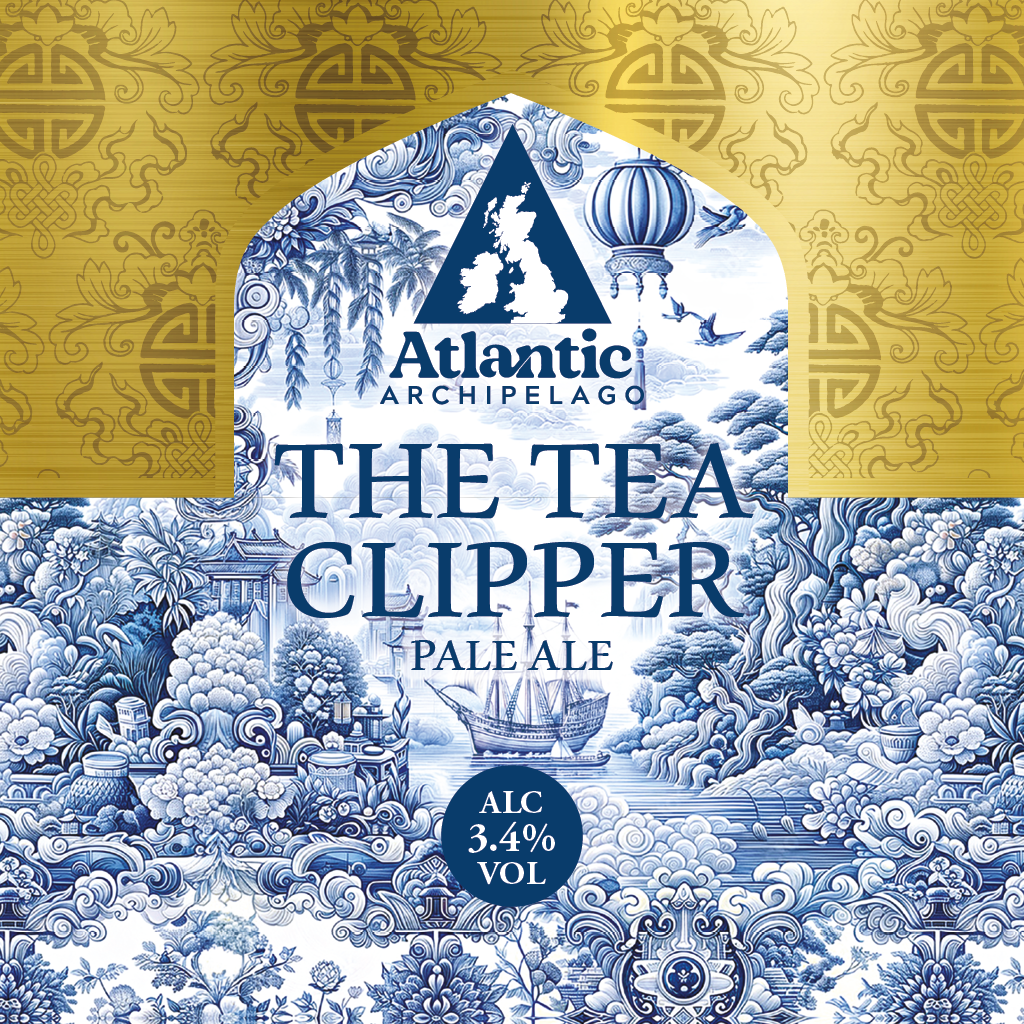 The Tea Clipper Pale Ale beer label features bone china depictions of maritime scenes
