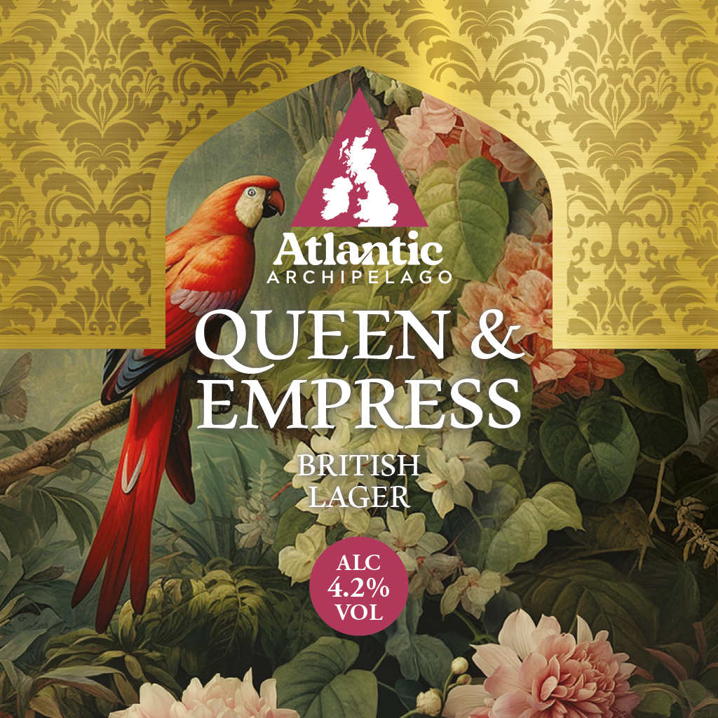 A beer label featuring a tropical bird, lush foliage, and flowers, with gold decorative background, revealing it is Queen & Empress British Lager.
