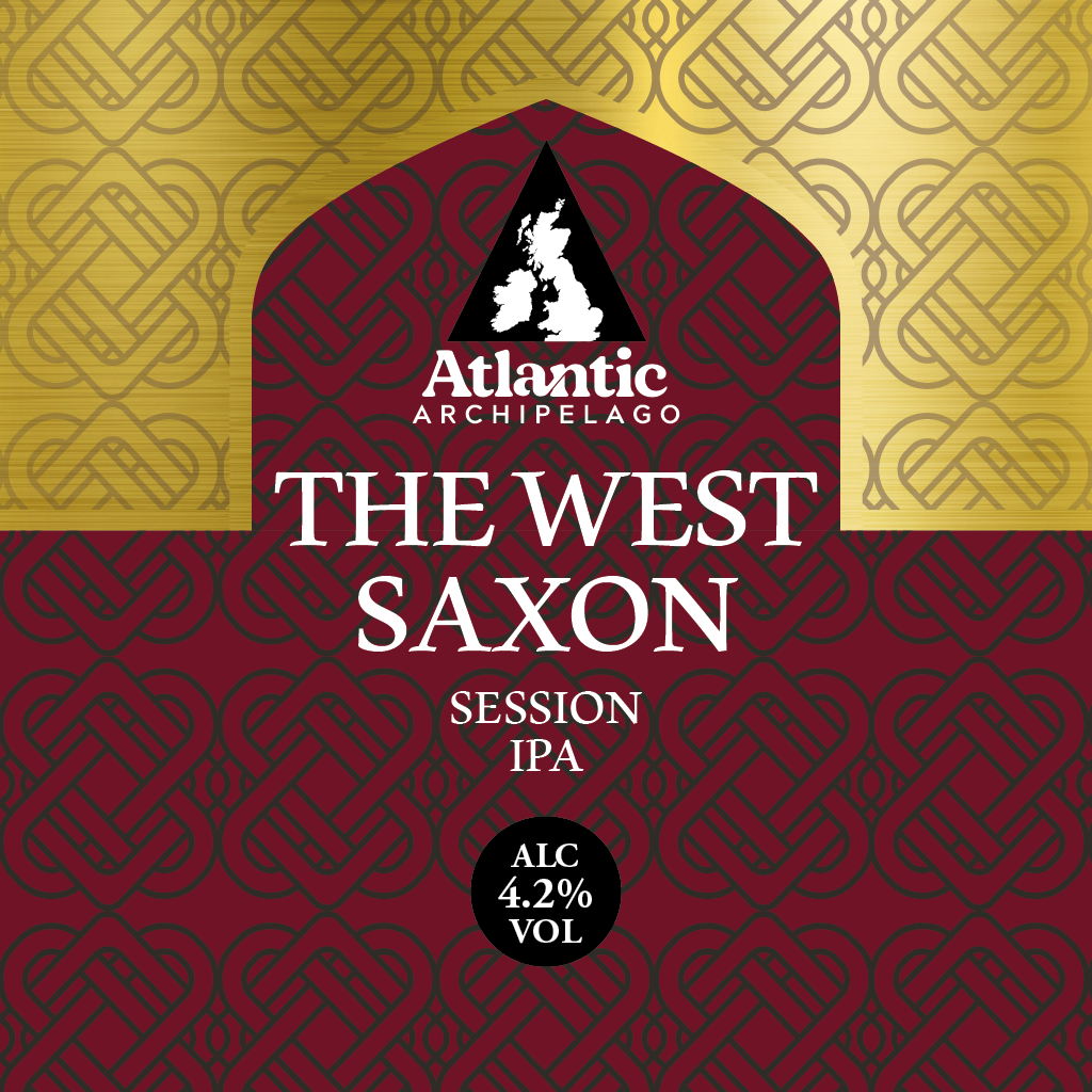 Beer label for Atlantic Archipelago West Saxon Session IPA, featuring a dark red background with black geometric patterns and gold accents.