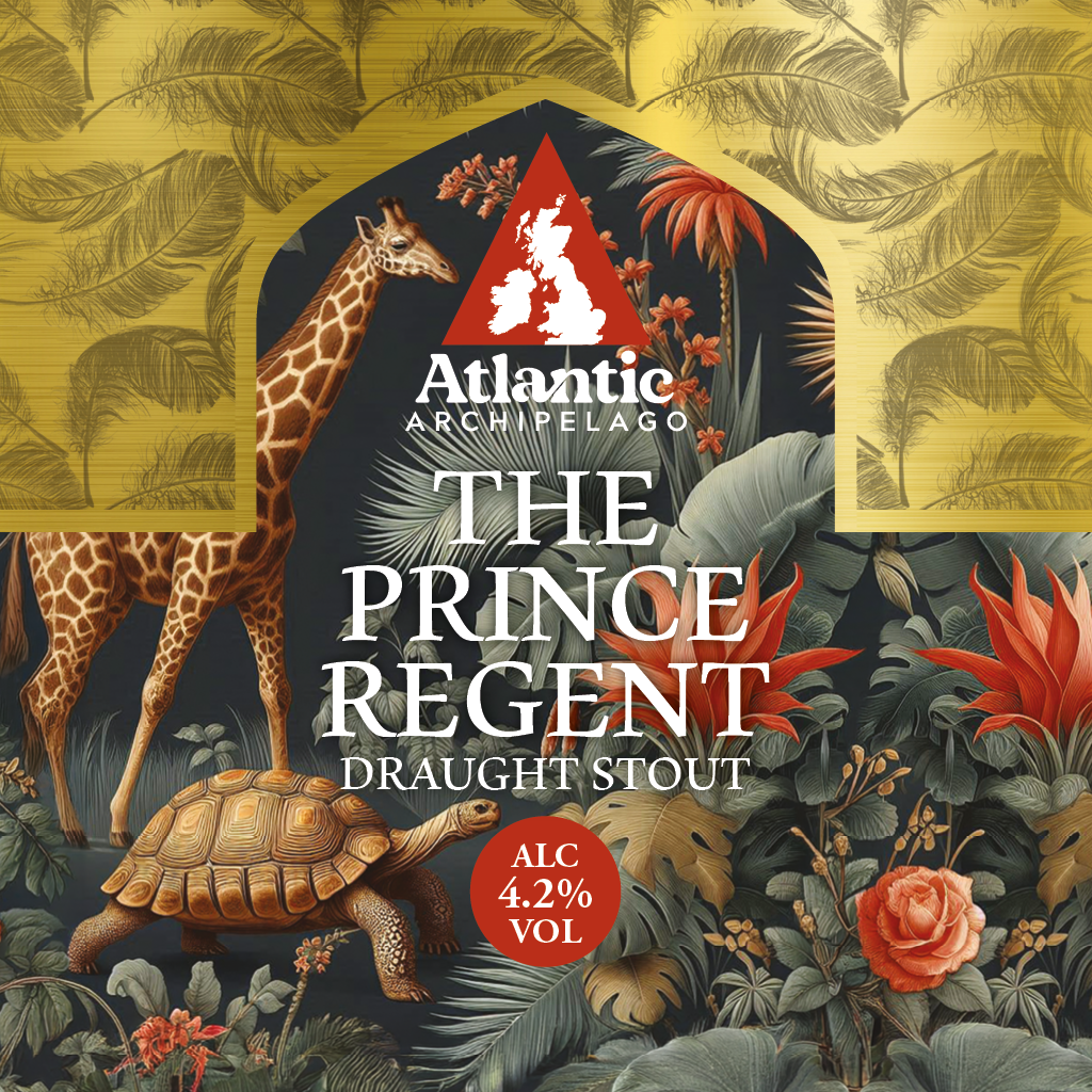 A beer label for Atlantic Archipelago The Prince Regent Stout with tropical animals and plants, including a giraffe, a turtle, and various leaves and flowers, in a decorative design.