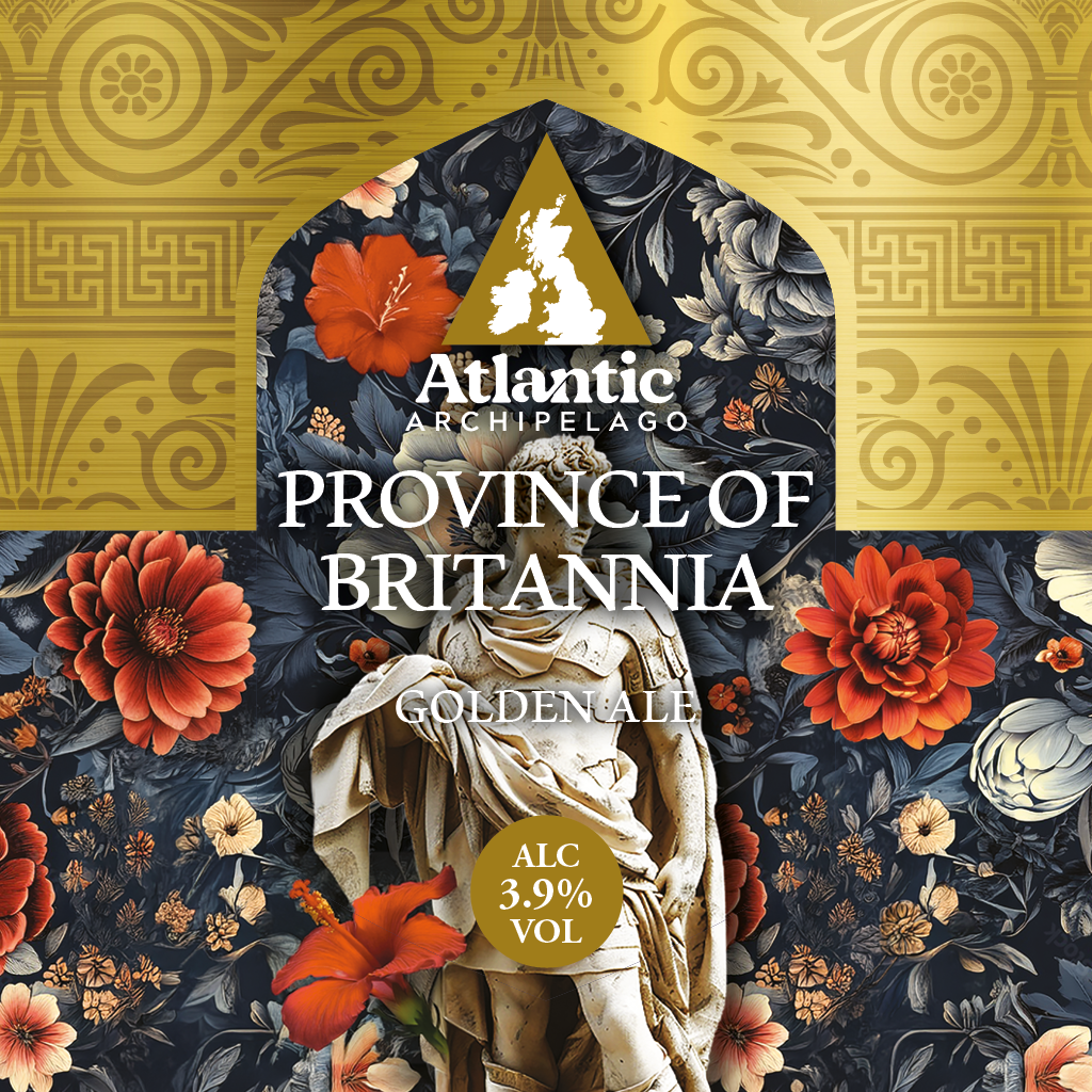Beer label for Province of Britannia Golden Ale featuring a romanesque statue against a floral backdrop