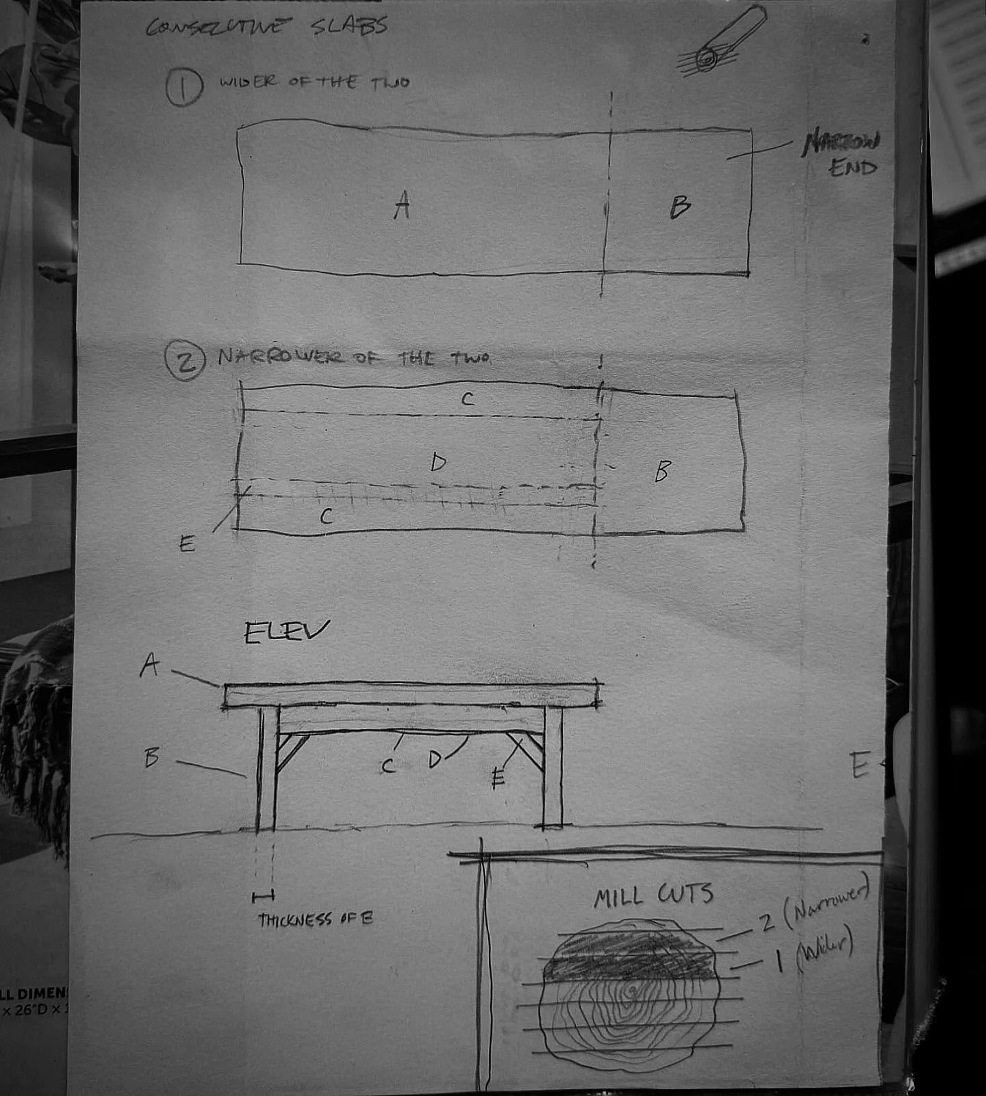 I found this in my notebook from several years ago, and I remember thinking how quickly I wanted to onboard people to this idea that I could design &amp; build a variable sized table or bench piece out of ANY 2 slabs, so long as they were roughly the