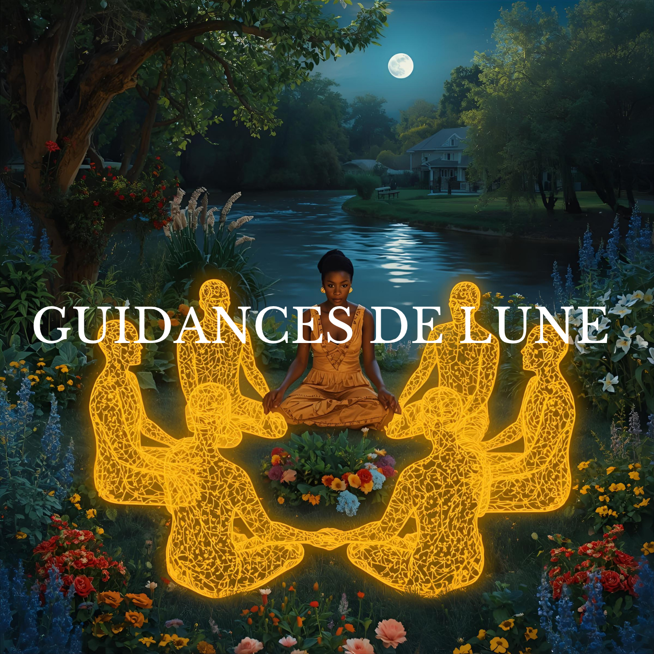Une femme assise en position de méditation au centre d'une scène nocturne avec des figures en lumière jaune entourant un cercle de fleurs, un arbre, une rivière, et une pleine lune dans le ciel. Sur le texte, il est écrit « GUIDANCES DE LUNE ».