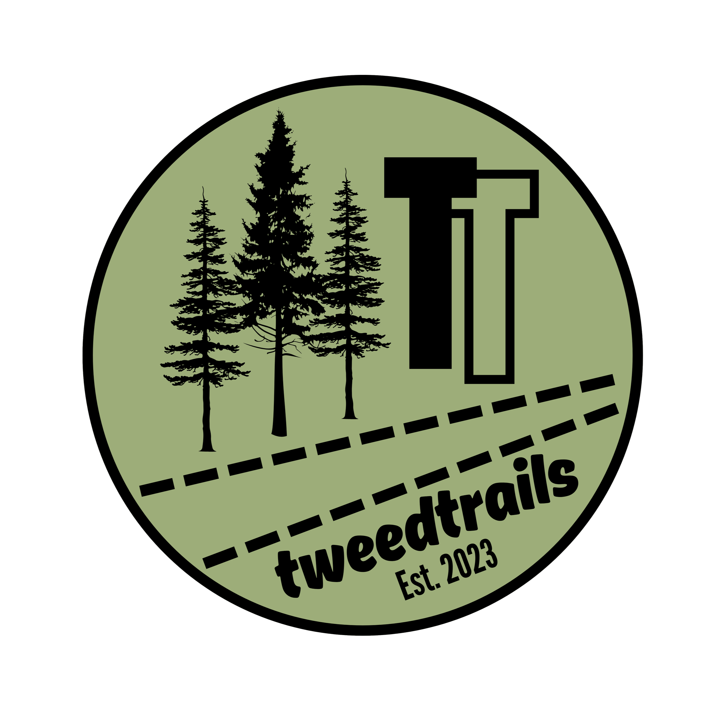 A green circular logo with a black border featuring silhouettes of pine trees, a large letter T, and the words "tweedtrails" and "Est. 2023" and a dashed line.