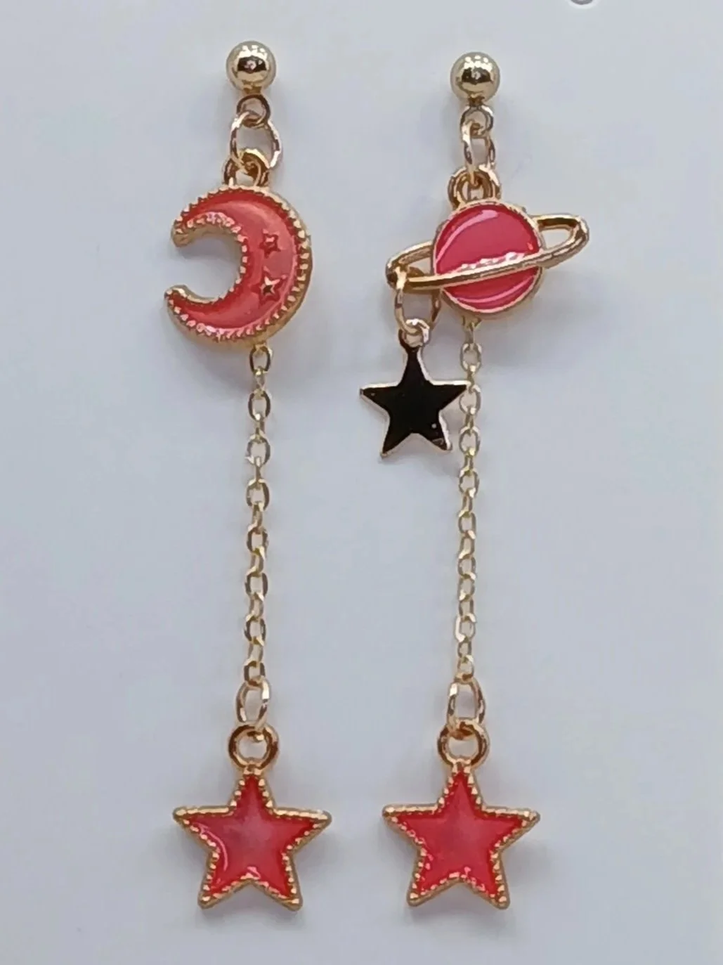 Gold Planet, Moon, and Star Dangle Earrings