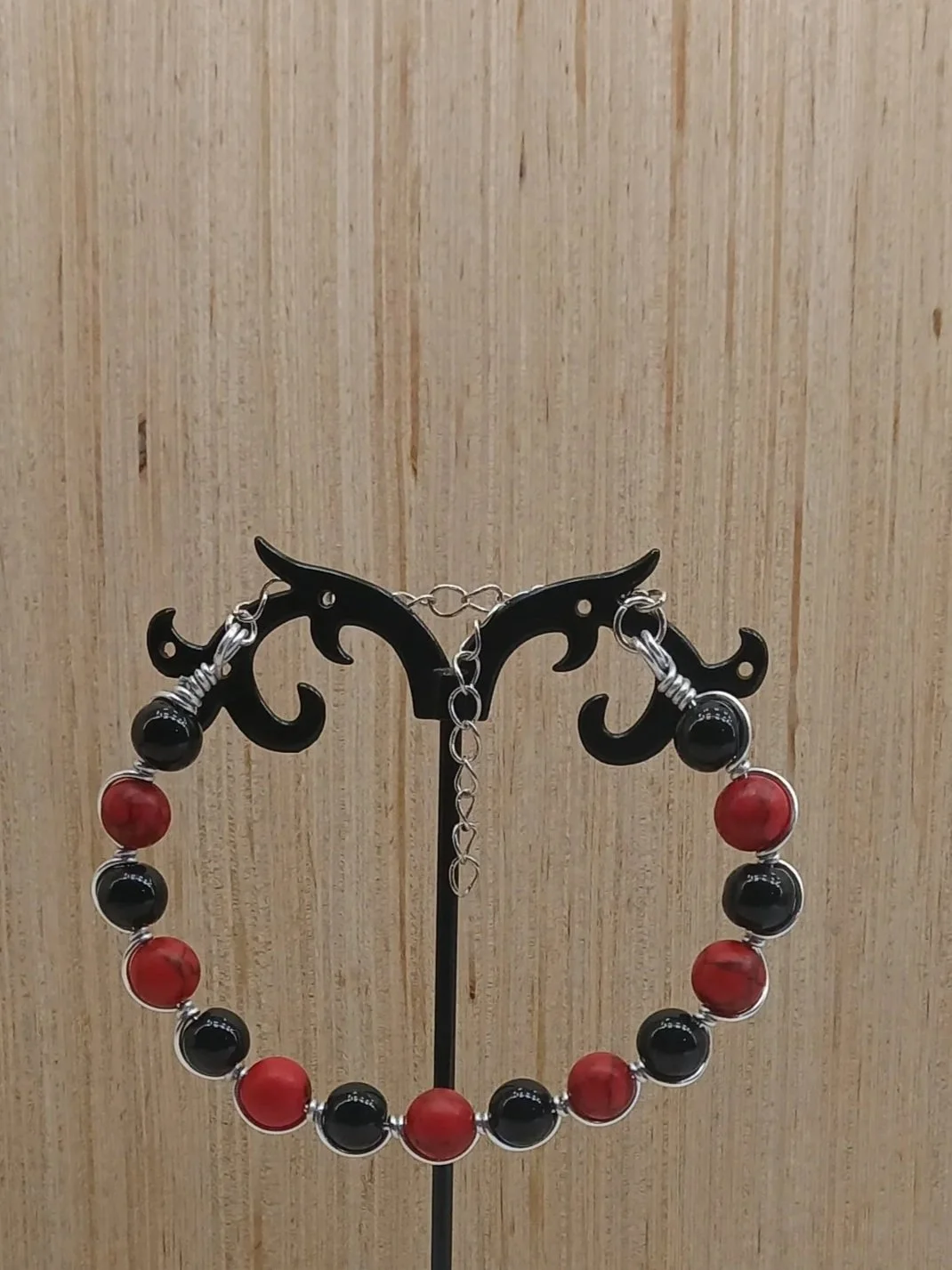 Silver Crystal Wire Wrapped Bracelet Obsidian/Red Howlite
