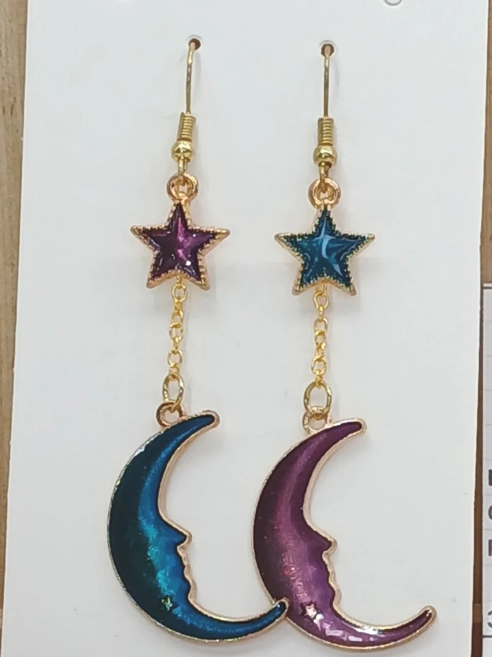 Gold Moon and Star Dangle Earrings Purple/Blue