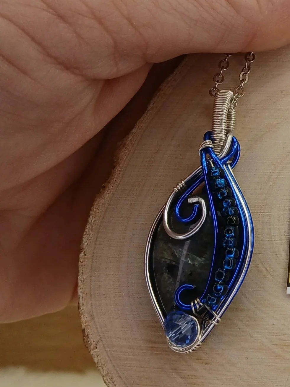 Wire Wrapped Larvikite w Blue Accents