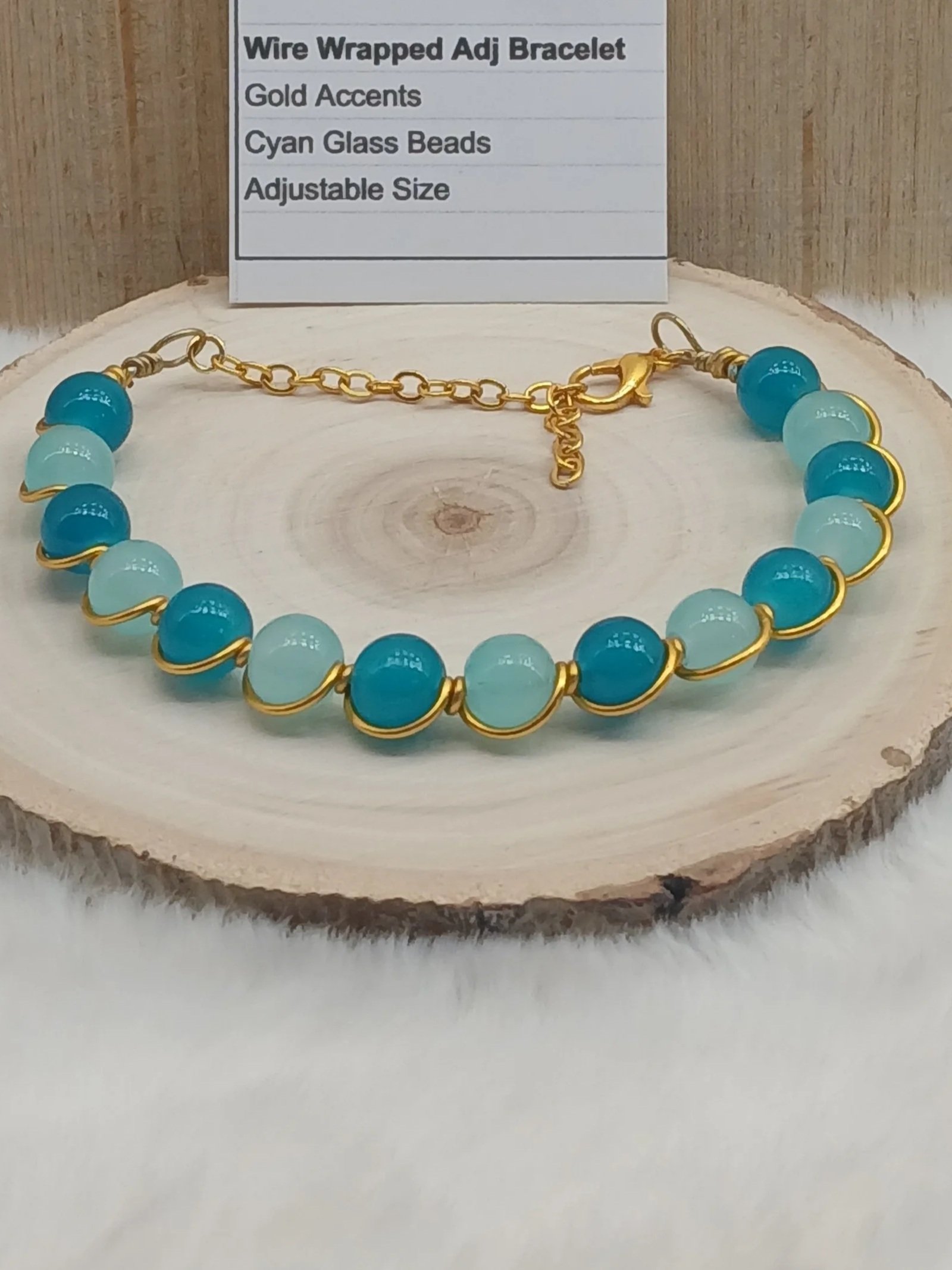 Wire Wrapped Bracelet Cyan Glass Beads