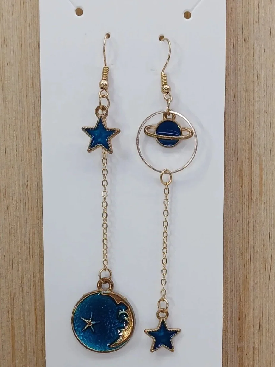 Gold Planet, Moon, and Star Dangle Earrings Blue