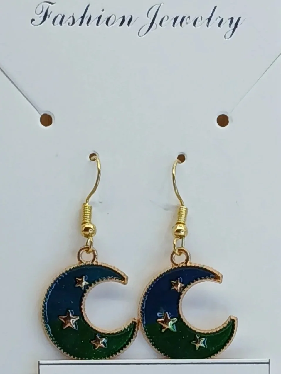 Gold Star and Moon Dangle Blue/Green Earrings