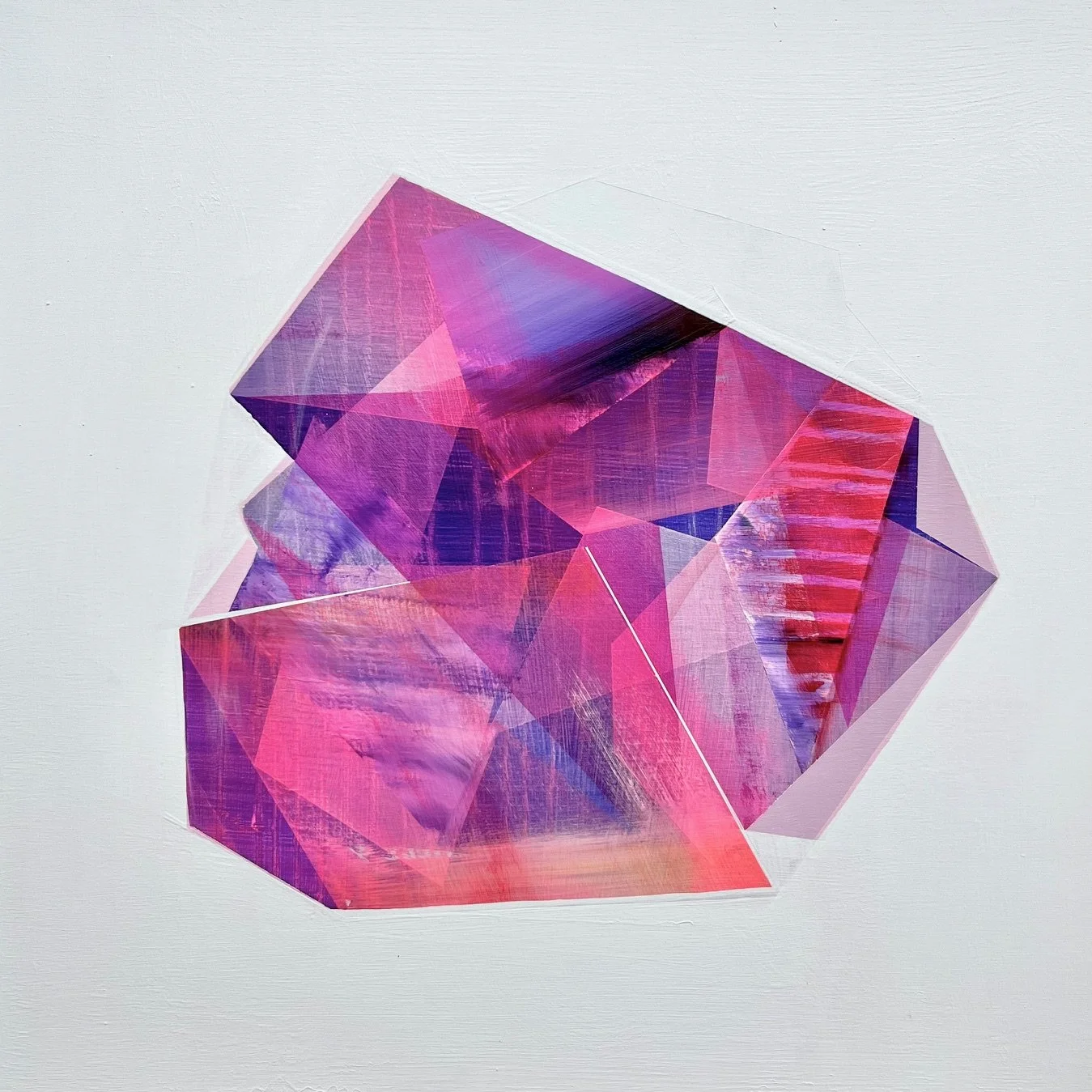 Colorful abstract painting with geometric shapes in shades of pink, purple, and red on a white background.