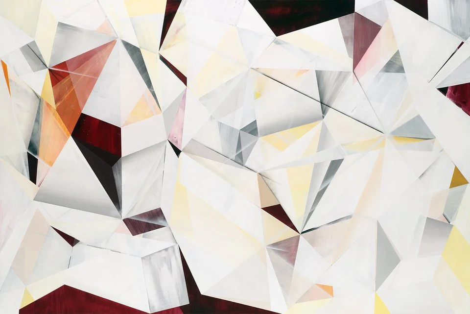 Abstract geometric artwork with various intersecting shapes and shades of white, gray, red, yellow, and black.