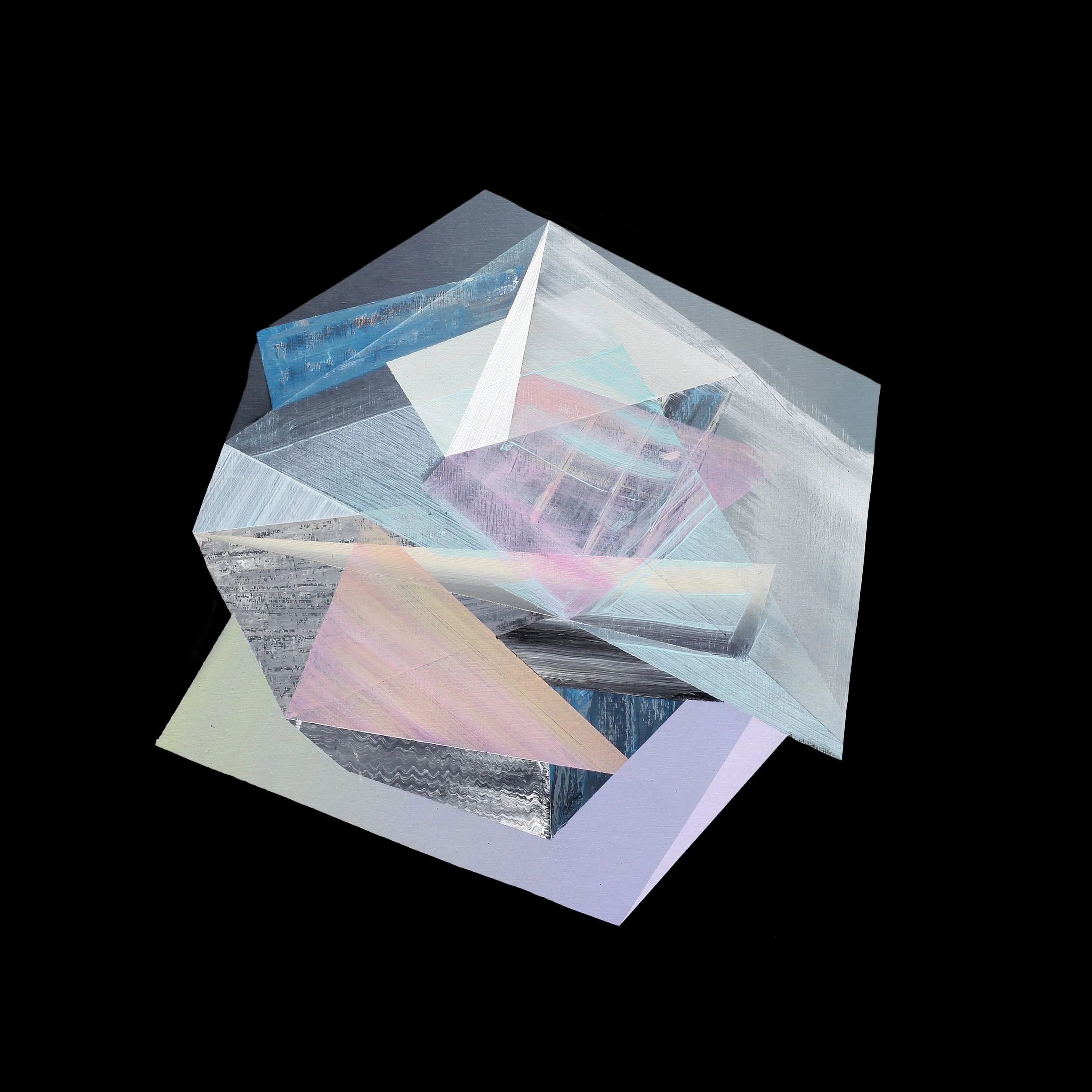 An abstract geometric sculpture made of multicolored translucent acrylic or glass, resembling overlapping diamond shapes, set against a black background.