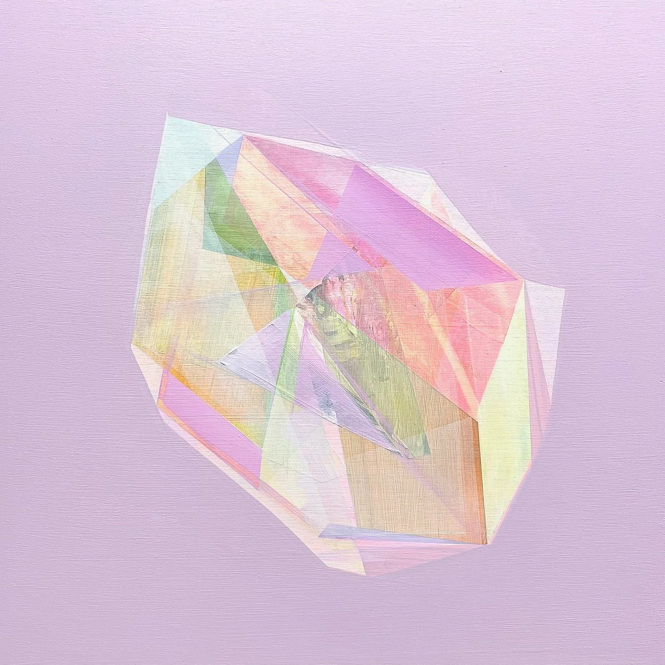 Abstract geometric shape with colorful translucent planes on a pastel pink background.