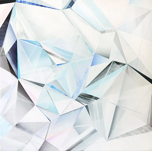 Abstract geometric pattern of transparent, crystalline shapes with light reflections and subtle pastel colors.