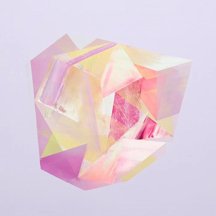 Abstract pastel-colored geometric 3D shape with pink, yellow, and cream hues on a light background
