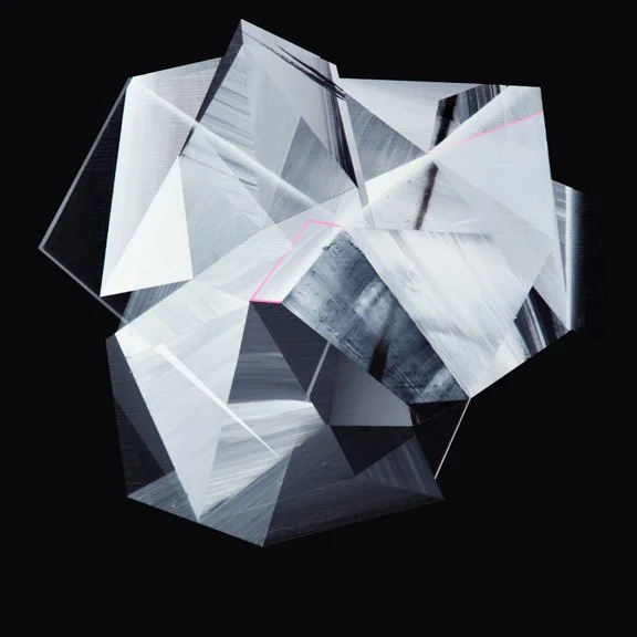 Abstract geometric sculpture made of transparent and reflective materials against a black background.
