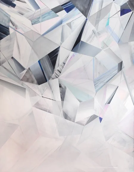 Abstract geometric pattern with reflective, faceted surfaces in shades of white, gray, and blue.