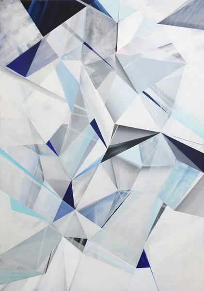 Abstract geometric artwork with various white, gray, blue, and black angular shapes and lines.