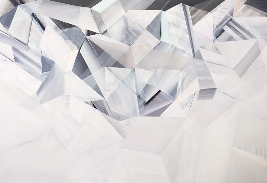 Close-up of a faceted, transparent crystal or gemstone with sharp geometric edges and reflective surfaces.