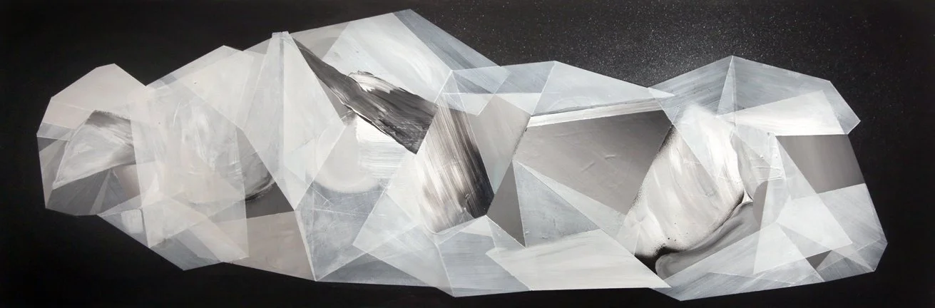 Abstract black and white geometric artwork with angular shapes and varied textures.