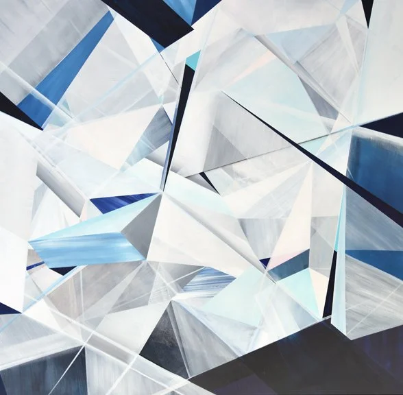 Abstract geometric pattern with various shades of blue, white, and gray resembling glass or crystal shapes.