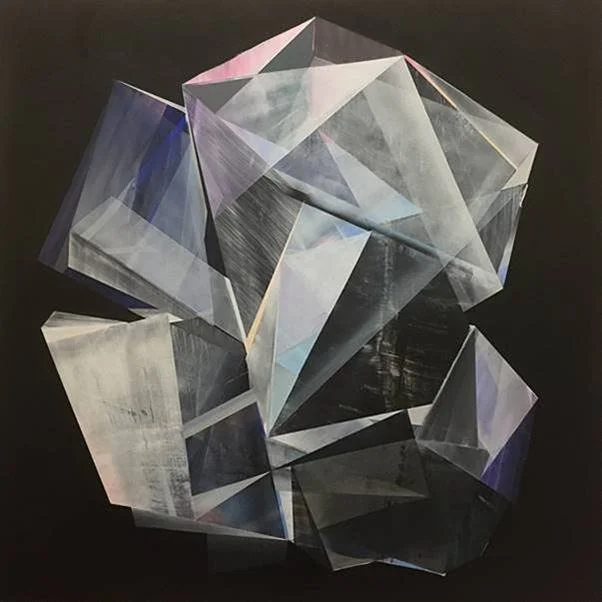 Abstract geometric art featuring multiple transparent and reflective 3D pyramid and prism shapes on a black background.