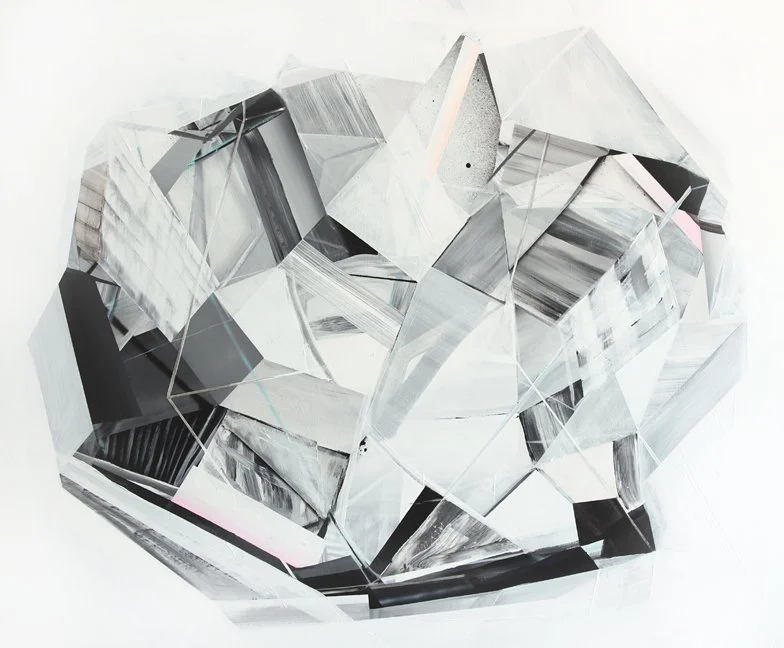 Abstract geometric sculpture made of mirrored and black panels with various angles on a white background.