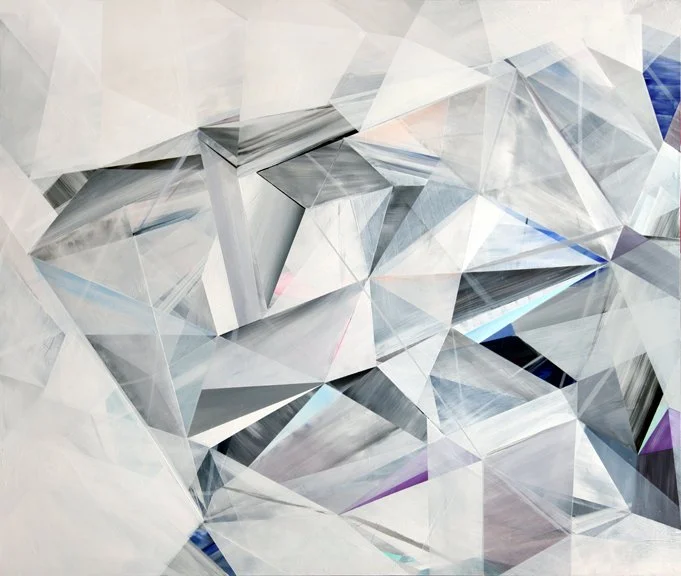 Abstract digital art featuring geometric shapes and facets in shades of gray, white, and hints of purple, creating a crystalline appearance.