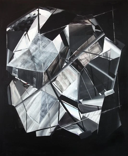 Abstract art sculpture made of mirrored, geometric, three-dimensional shapes with a black background.