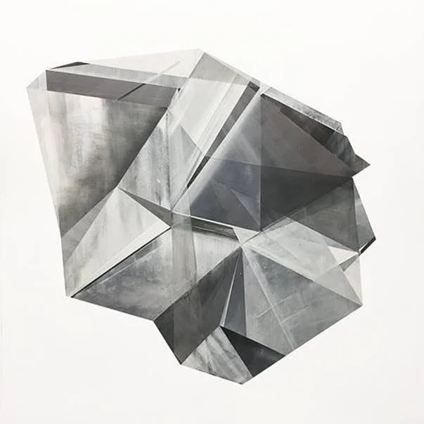 A grayscale abstract geometric artwork with multiple intersecting triangular and polygonal facets creating a crystalline structure.