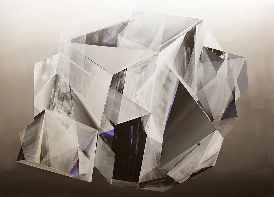 Abstract geometric sculpture with angular, reflective surfaces in shades of gray and silver.