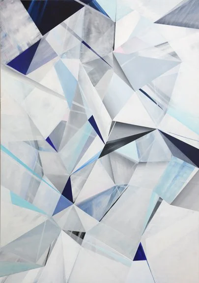 Abstract geometric artwork with various shades of blue, gray, and white triangles and polygons.