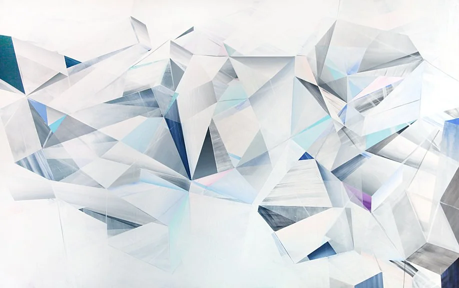 Abstract image of multifaceted, geometric shapes in various shades of white, gray, and hints of blue and purple, resembling a complex crystalline or faceted surface.
