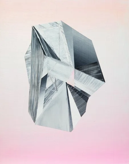 Abstract geometric art featuring angular shapes and lines in shades of black, white, and gray on a pink gradient background.
