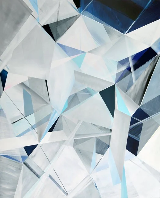 Abstract geometric art with various triangles and polygons in shades of white, gray, blue, and black.