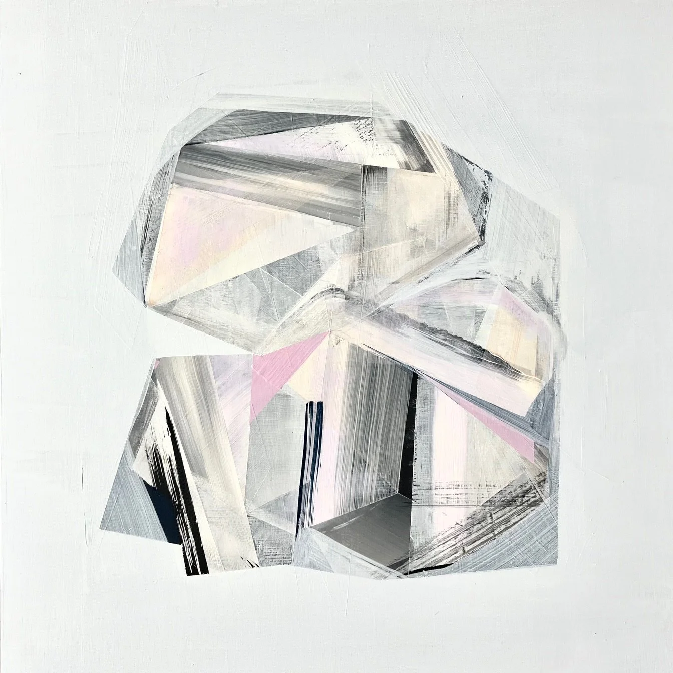 Abstract geometric painting with shapes and shades of gray, black, and subtle pink on a white background.