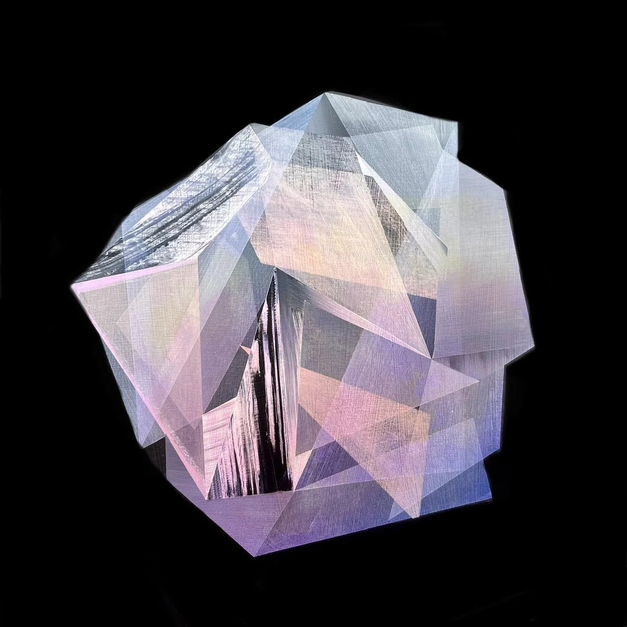 A geometric, iridescent crystal with various facets reflecting pastel colors against a black background.