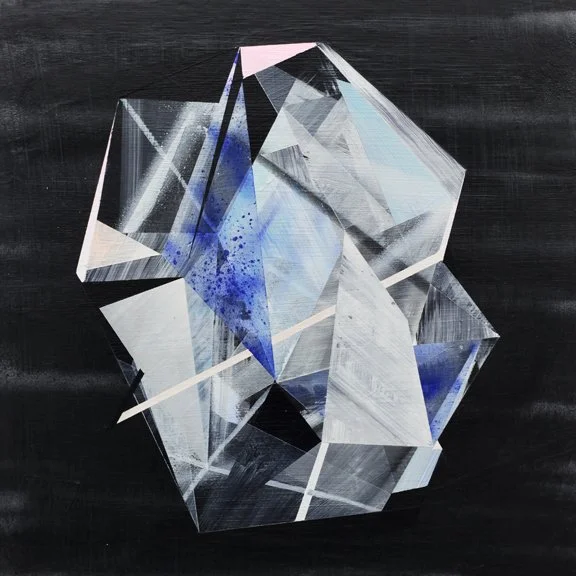 A 3D glass sculpture with blue and purple accents, set against a dark background.