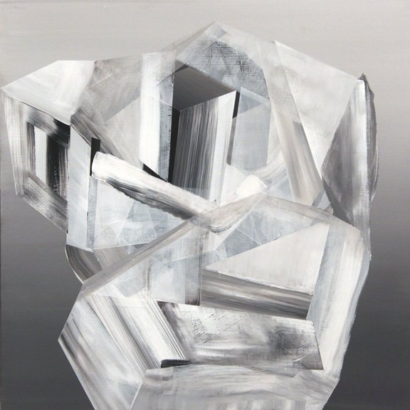 Abstract art piece with geometric shapes and shades of gray and white, resembling a crystalline structure.