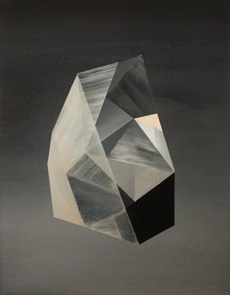 Abstract geometric artwork featuring a large, faceted crystal or gemstone with gray and black tones, set against a dark background.