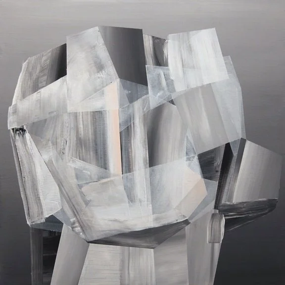 Abstract painting of a geometric, cube-shaped object with gray, black, and white tones on a dark background.