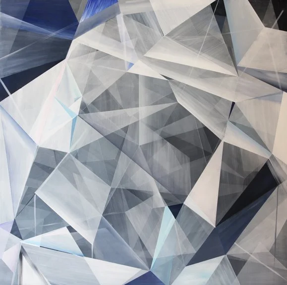 Abstract geometric pattern with overlapping transparent triangles in shades of white, gray, black, and hints of blue.
