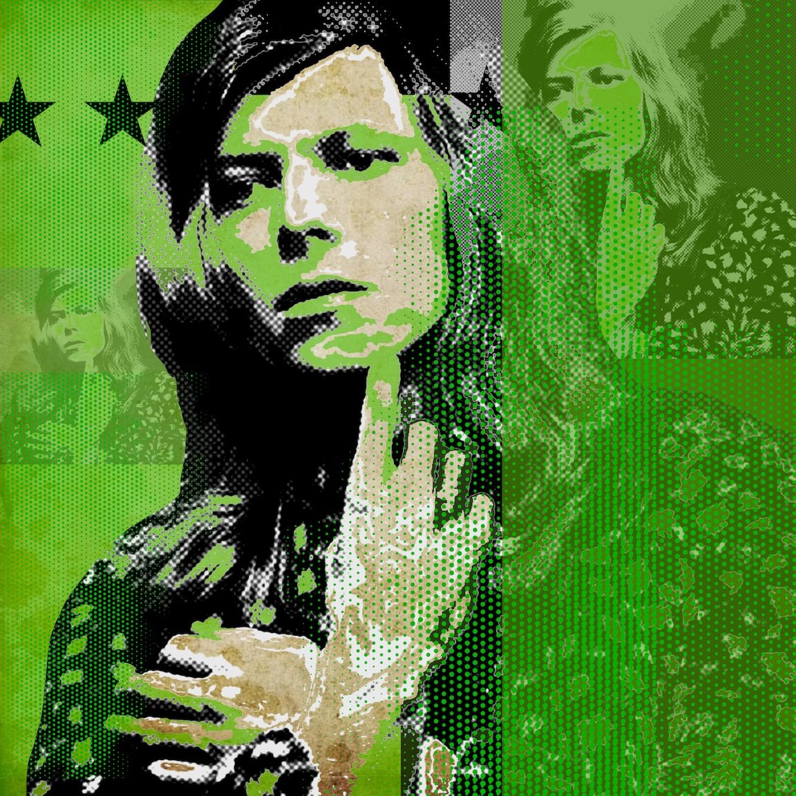 Pop-art portrait of David Bowie, rendered in green and black.