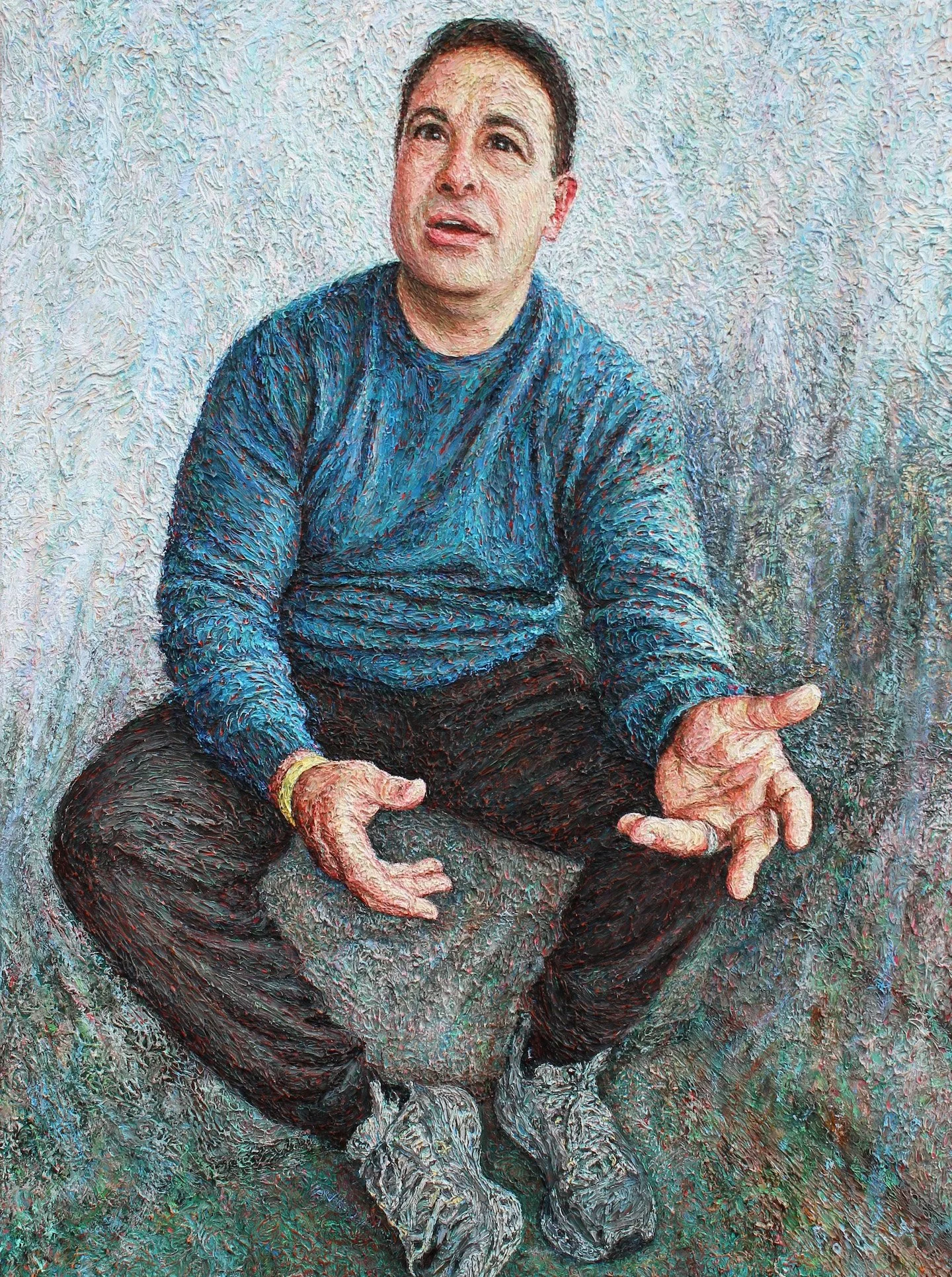 Oil painting of man in dark pants and blue sweater