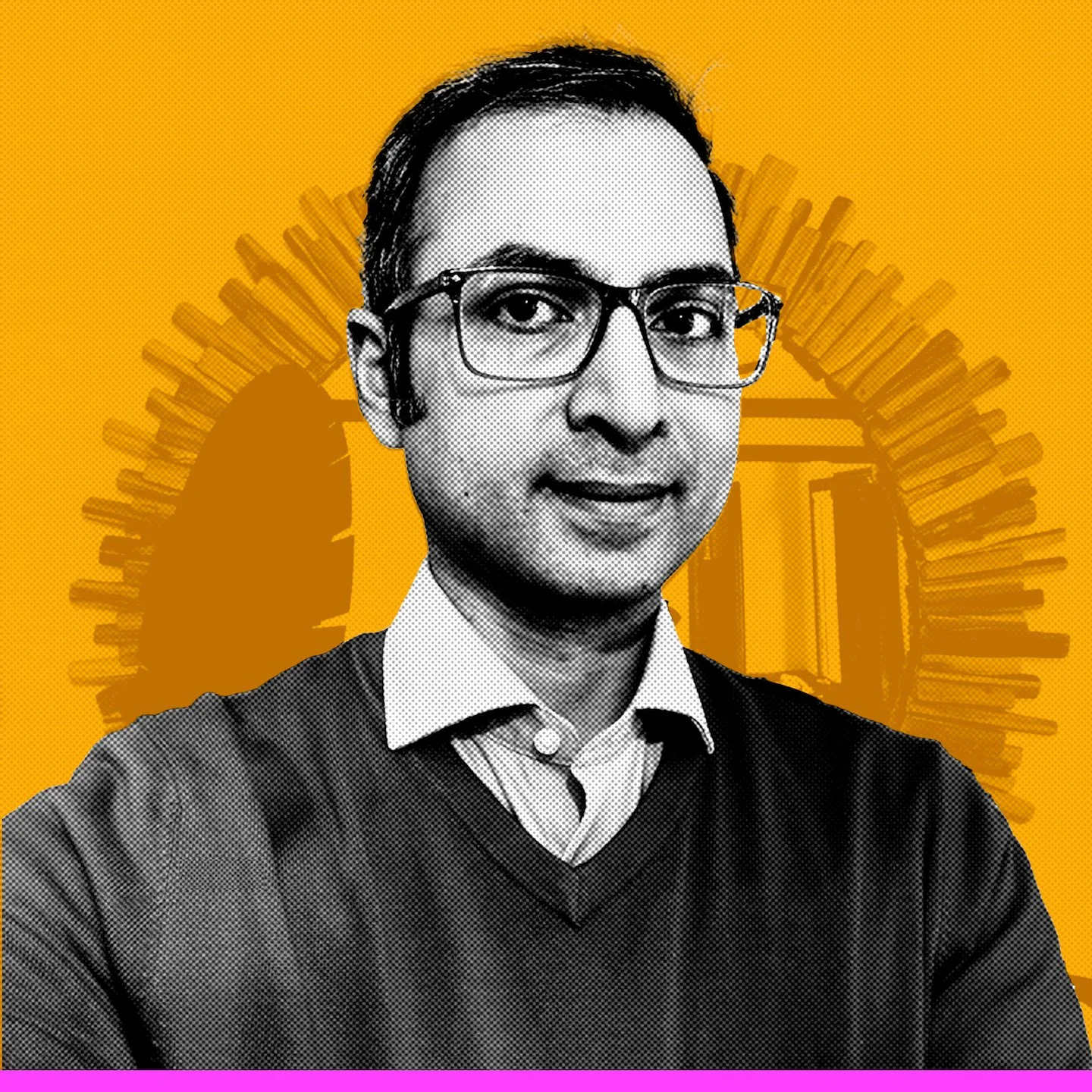 Pop-art-style portrait of psychiatrist Awais Aftab in black and white, wearing glasses, against a bright yellow-orange background with abstract geometric shapes.