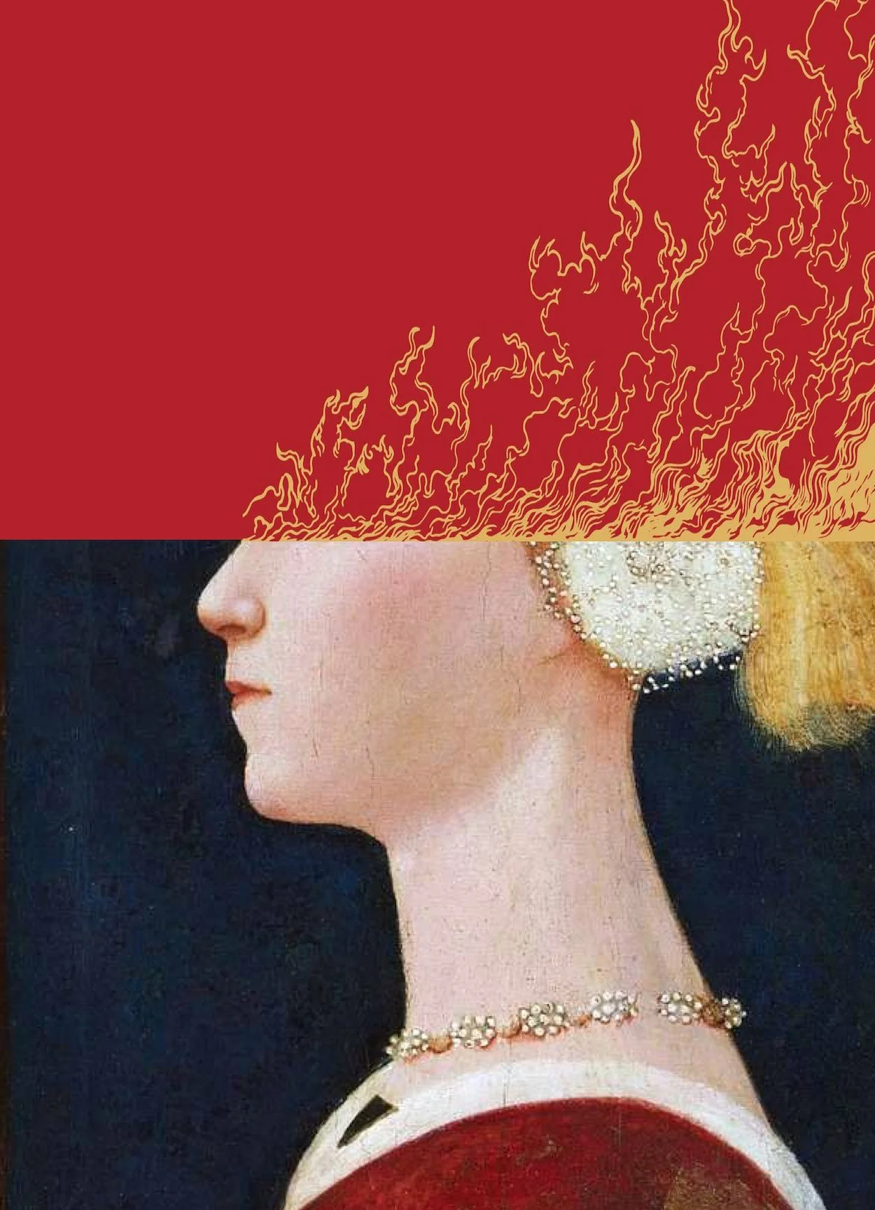 Illustration of painting of victorian-era woman profile with split graphic of illustrated flames on top
