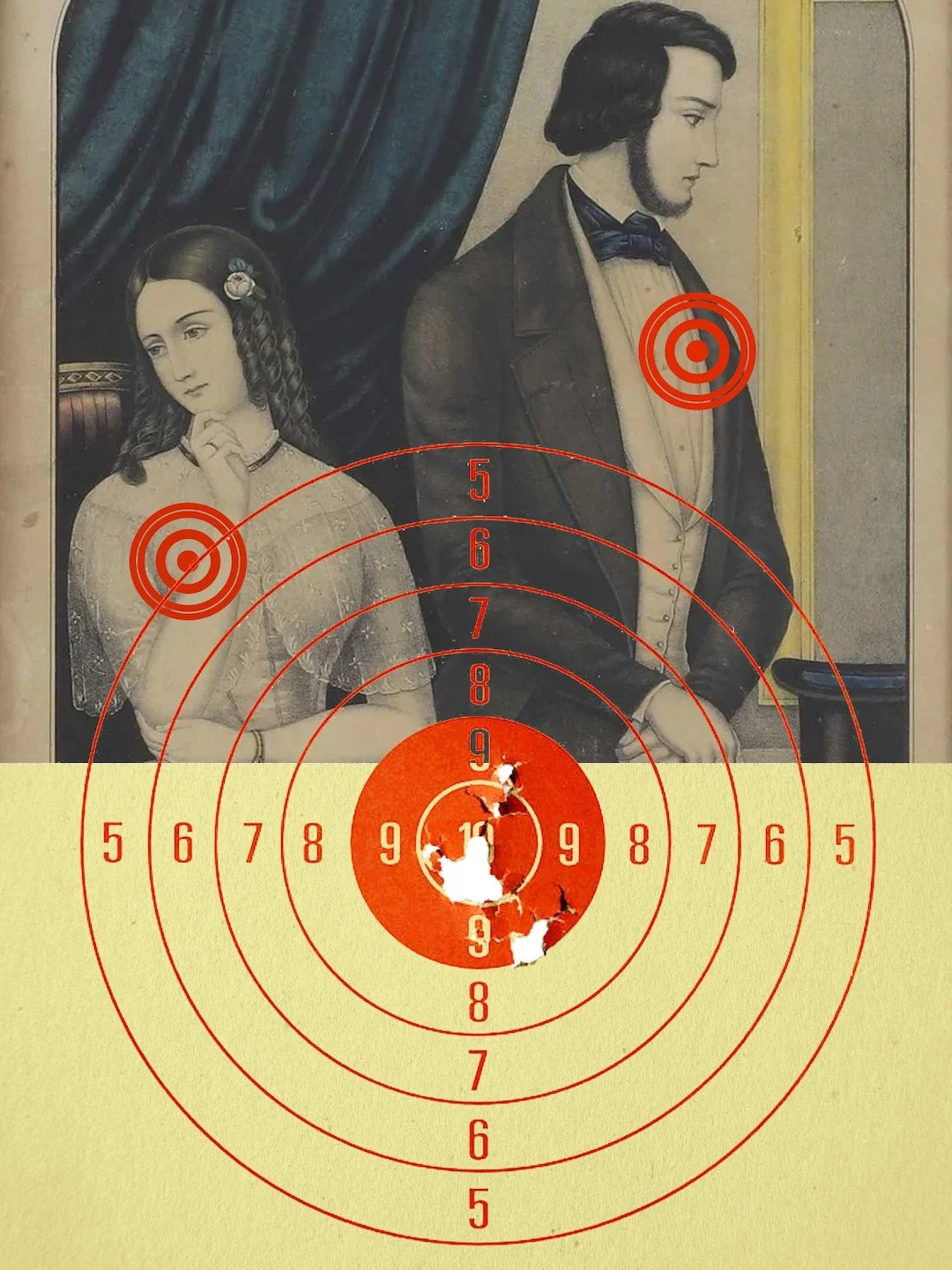 Victorian portrait of a man and woman overlaid with red shooting targets, including a large, bullet-pierced bull’s-eye in the foreground.