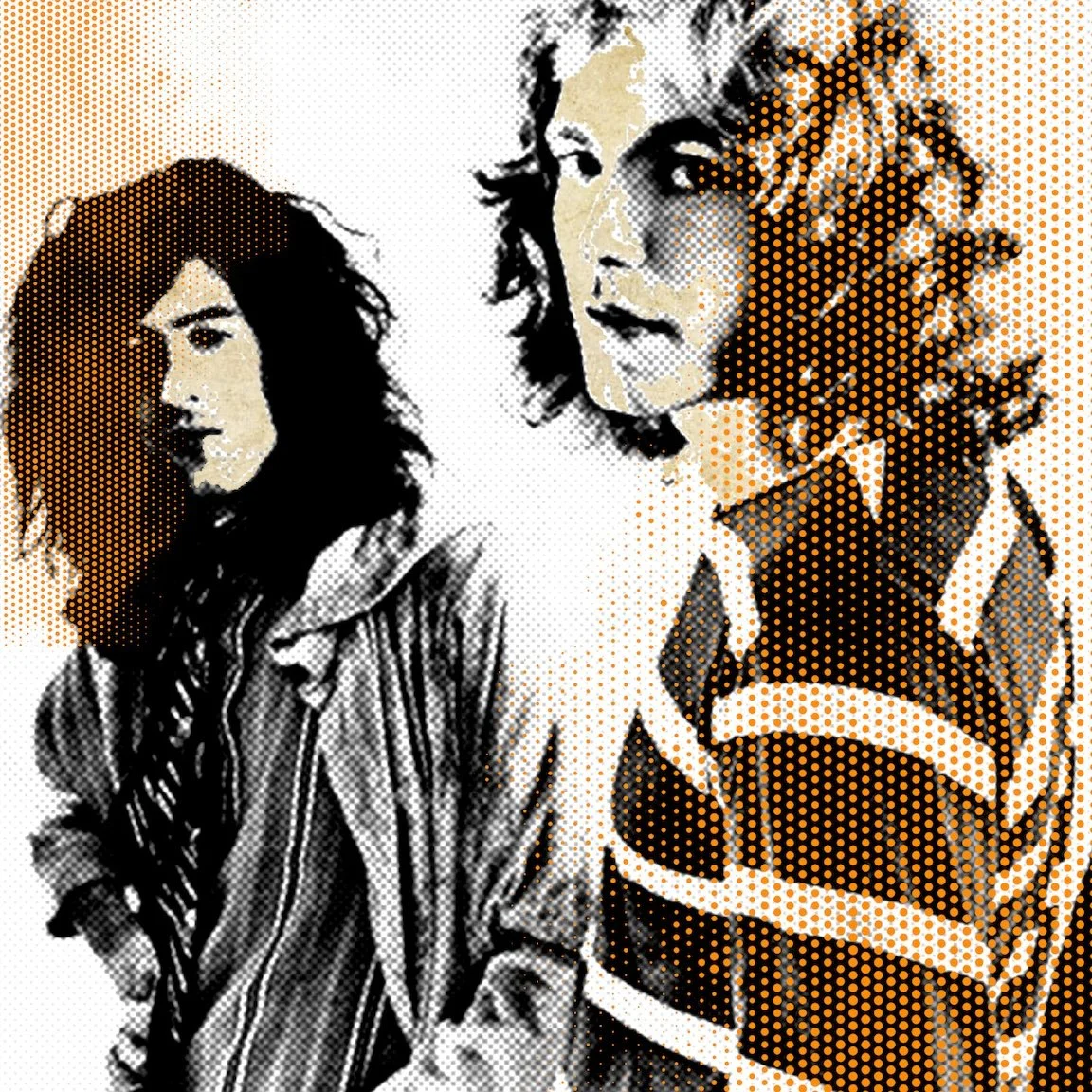 Collage-style illustration of Jimmy Paige and Robert Plant of Led Zeppelin, in black, white, and brown tones.